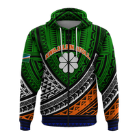Kids green zip-up hoodie with hood, drawstrings, floral chest logo, and tribal print