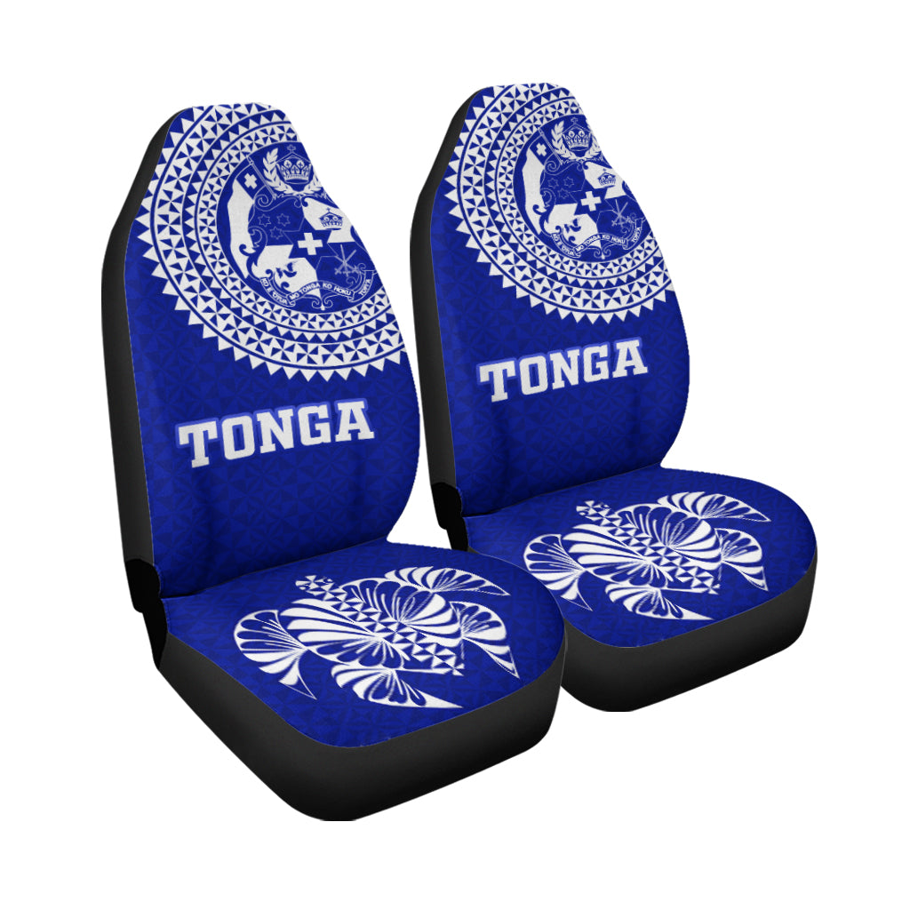 Blue front seat cover set: TONGA on headrests with turtle emblem and white scroll pattern