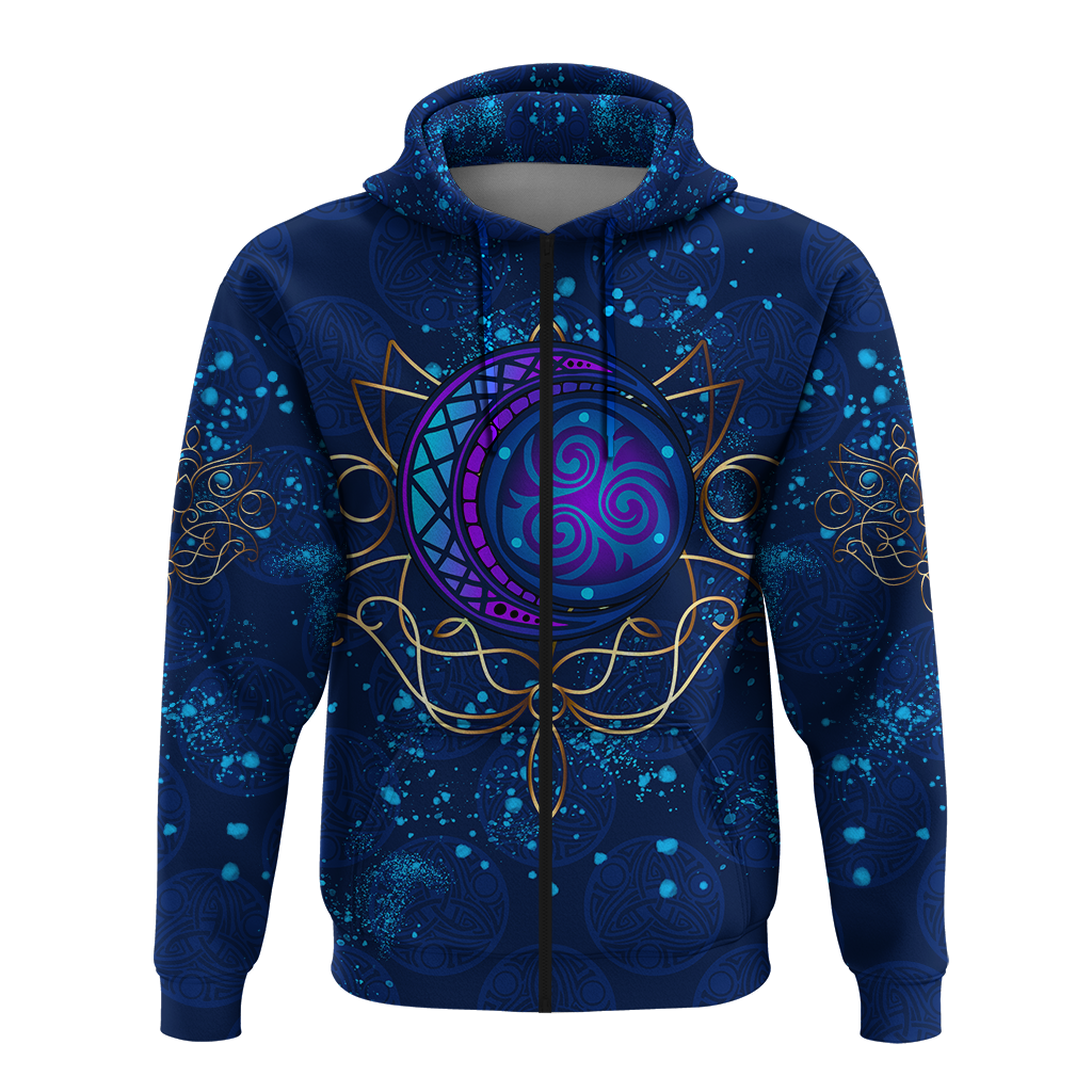 Front view blue zip hoodie with moon spiral circle and celtic vine detailing