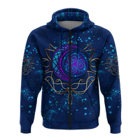 Front view blue zip hoodie with moon spiral circle and celtic vine detailing