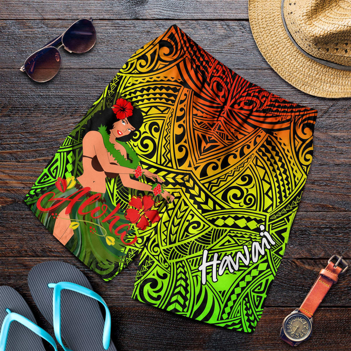 Men's tropical swim shorts, hula girl graphic with Aloha lettering, orange and neon green