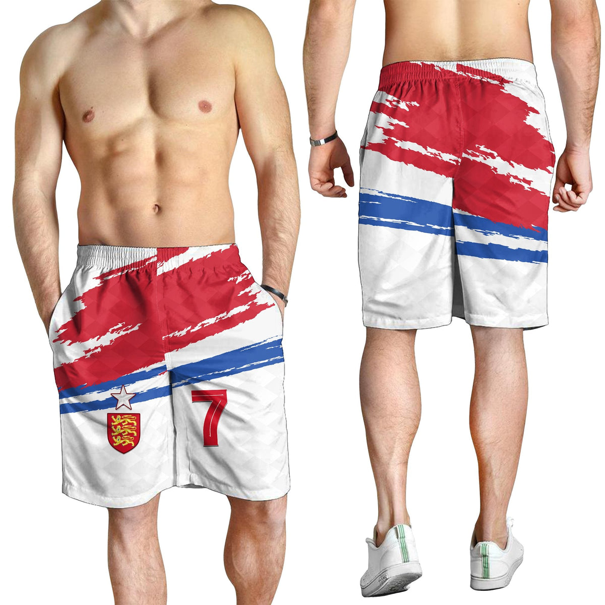 England football shorts worn by men; elastic waistband, crest and “7” on striped pattern