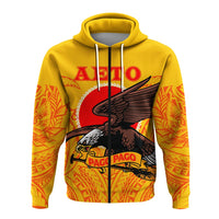 Yellow zip-up hoodie front view, Aeto text and eagle over Pago Pago banner