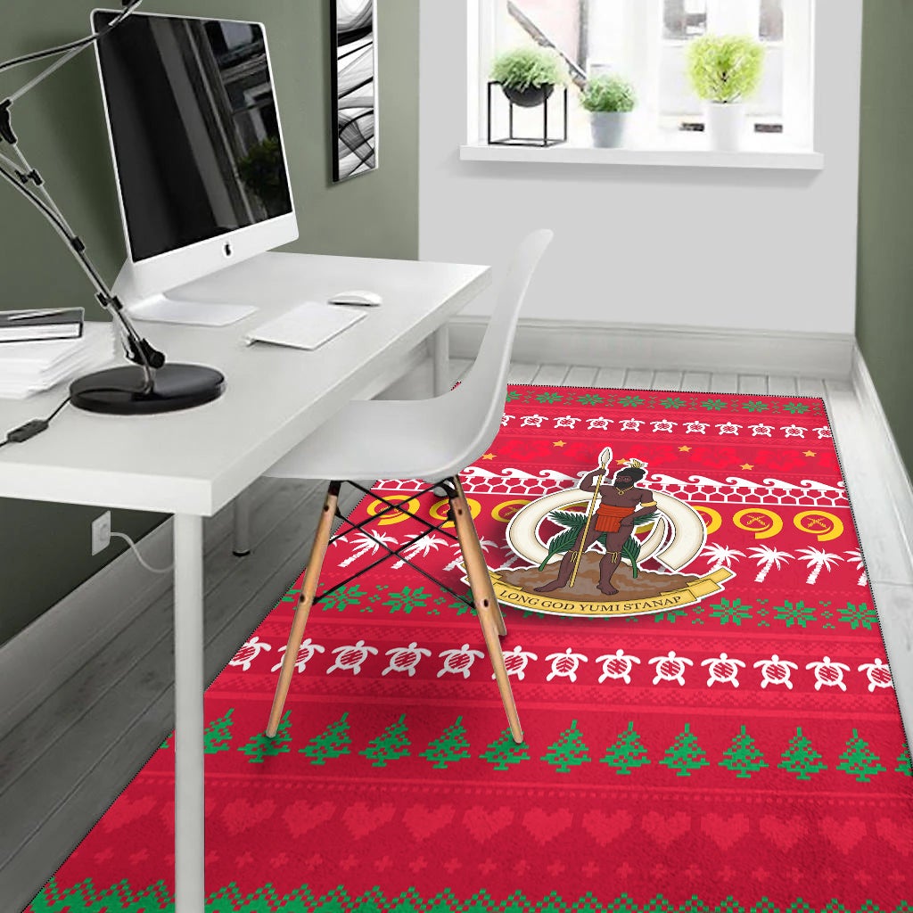 Red Christmas area rug with soldier crest and festive stripes, green tree border trim