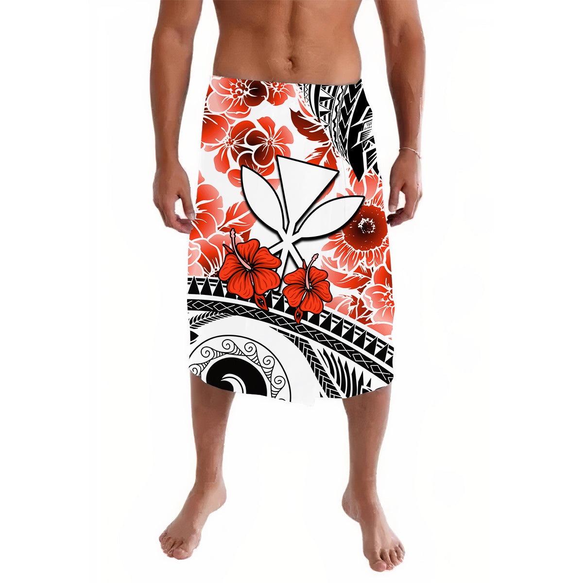Red Polynesian lavalava skirt with hibiscus and black tribal pattern