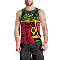 Green red yellow sleeveless tank top with Vanuatu flag graphic and ornamental swirls