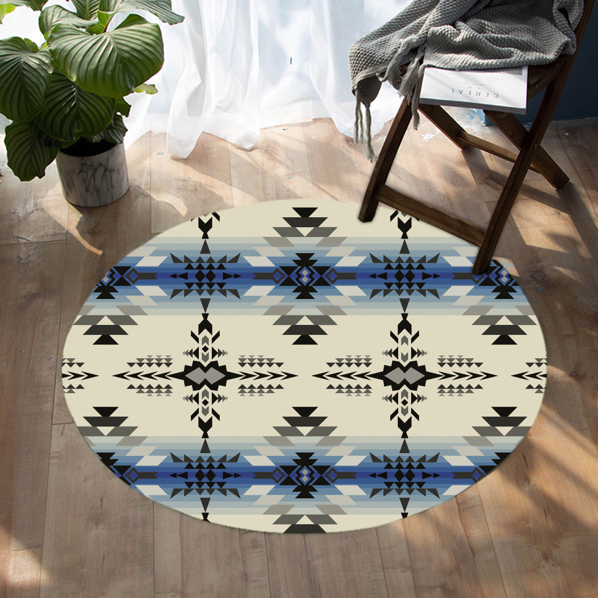 Round geometric Native American pattern carpet, cream base with blue and black accents
