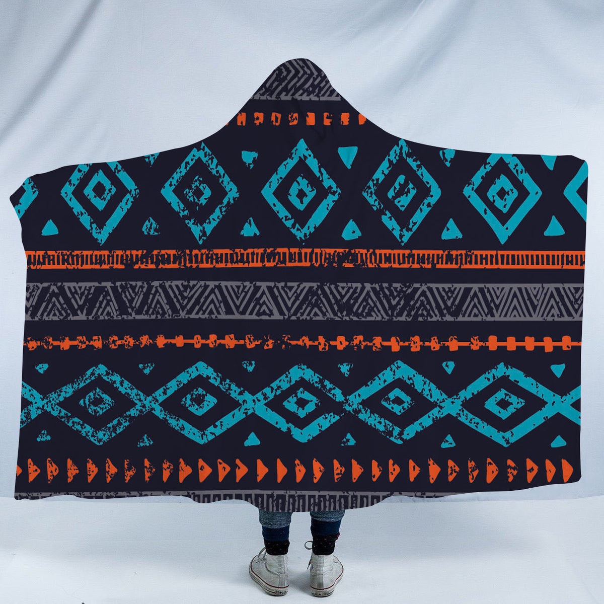 Geometric hooded blanket with Native American style pattern, multicolor