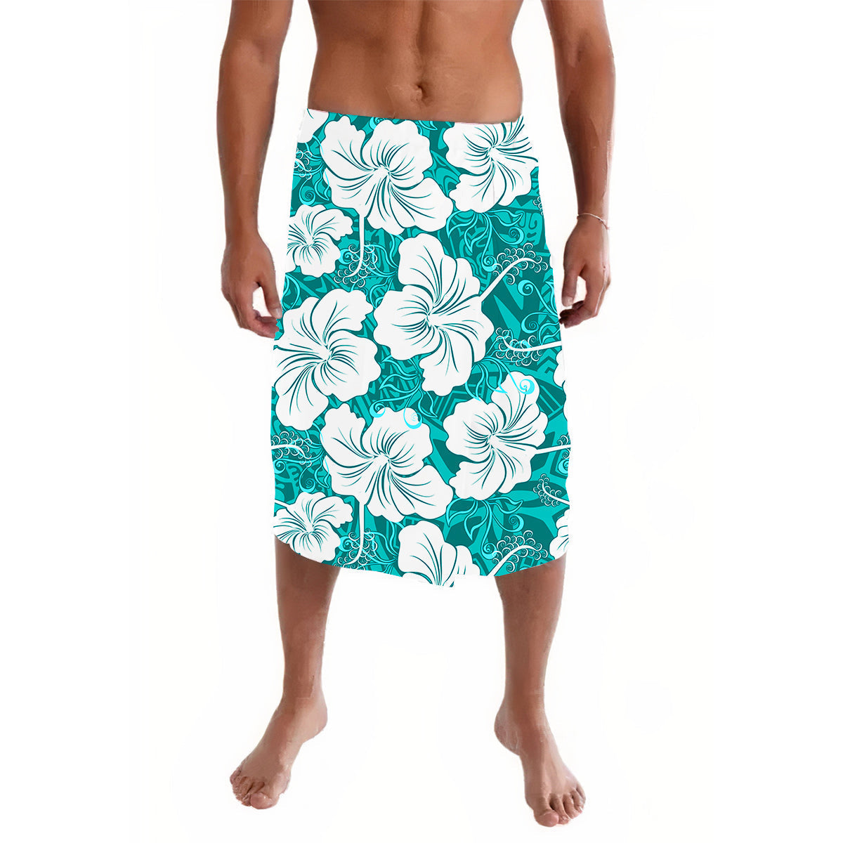 Turquoise tropical flower sarong skirt with elastic waistband, knee length
