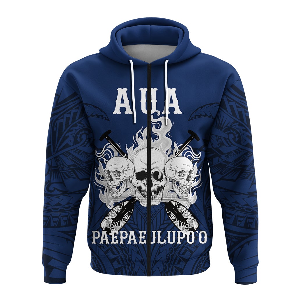 Blue zip hoodie with AUA headline, skulls and swords graphic; front view
