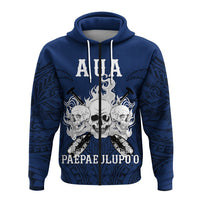 Blue zip hoodie with AUA headline, skulls and swords graphic; front view