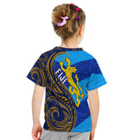 Kids Fiji T-shirt back in blue with gold swirly Polynesian pattern and dancer figure