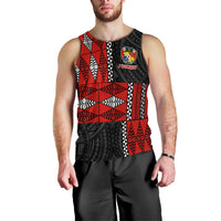 Men’s tank top front with red, black, and white geometric Polynesian pattern
