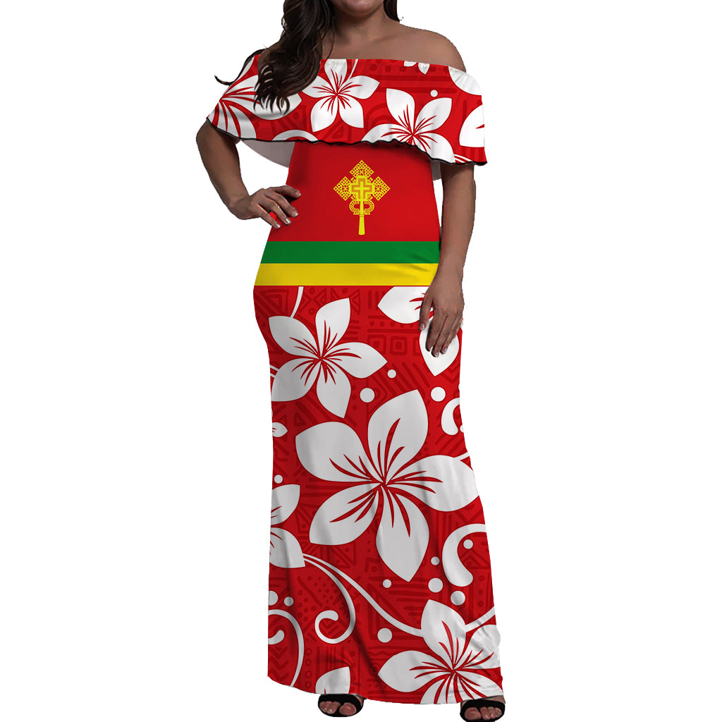 Red off-shoulder long dress, white floral print with green waist stripe—front