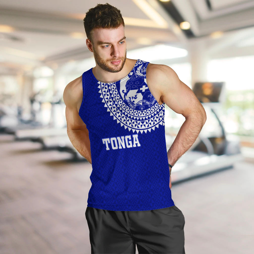 Blue men’s tank top with patterned yoke and Tonga lettering on front