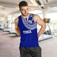Blue men’s tank top with patterned yoke and Tonga lettering on front
