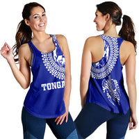 Blue women’s tank top front and back with white TONGA text and large back graphic