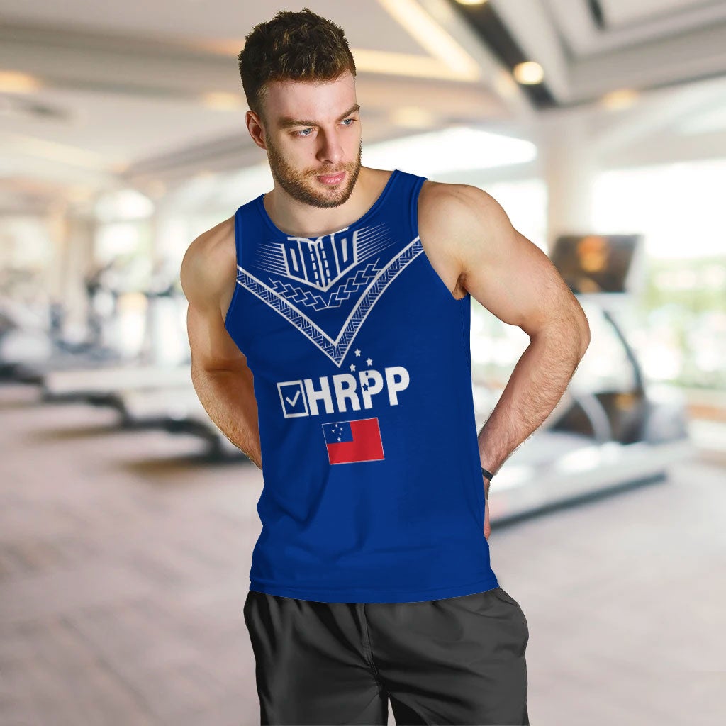 Blue men’s tank top with tribal chevron graphic and centered HRPP logo print