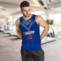 Blue men’s tank top with tribal chevron graphic and centered HRPP logo print