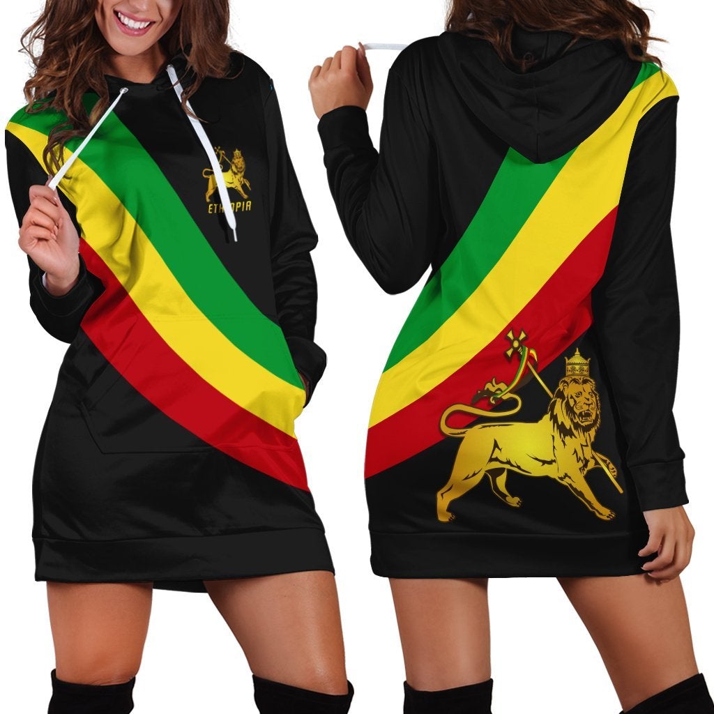 Black hoodie dress with Ethiopian flag diagonal stripes and lion crest; front pocket
