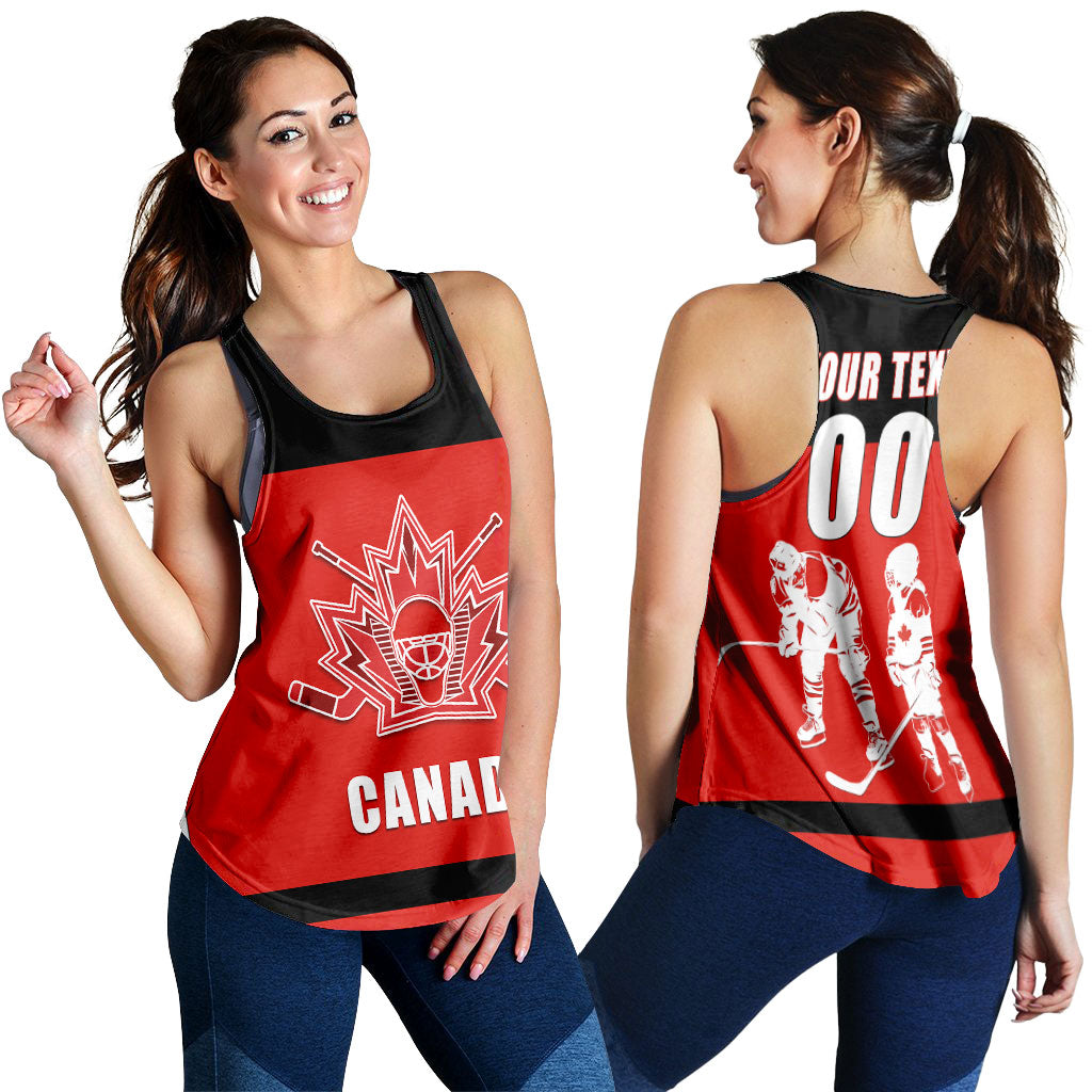 Women's red Canada hockey tank top, black racerback trim, front Canada logo and graphic
