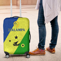 Malampa suitcase cover in blue, yellow and green flag design on rolling wheels