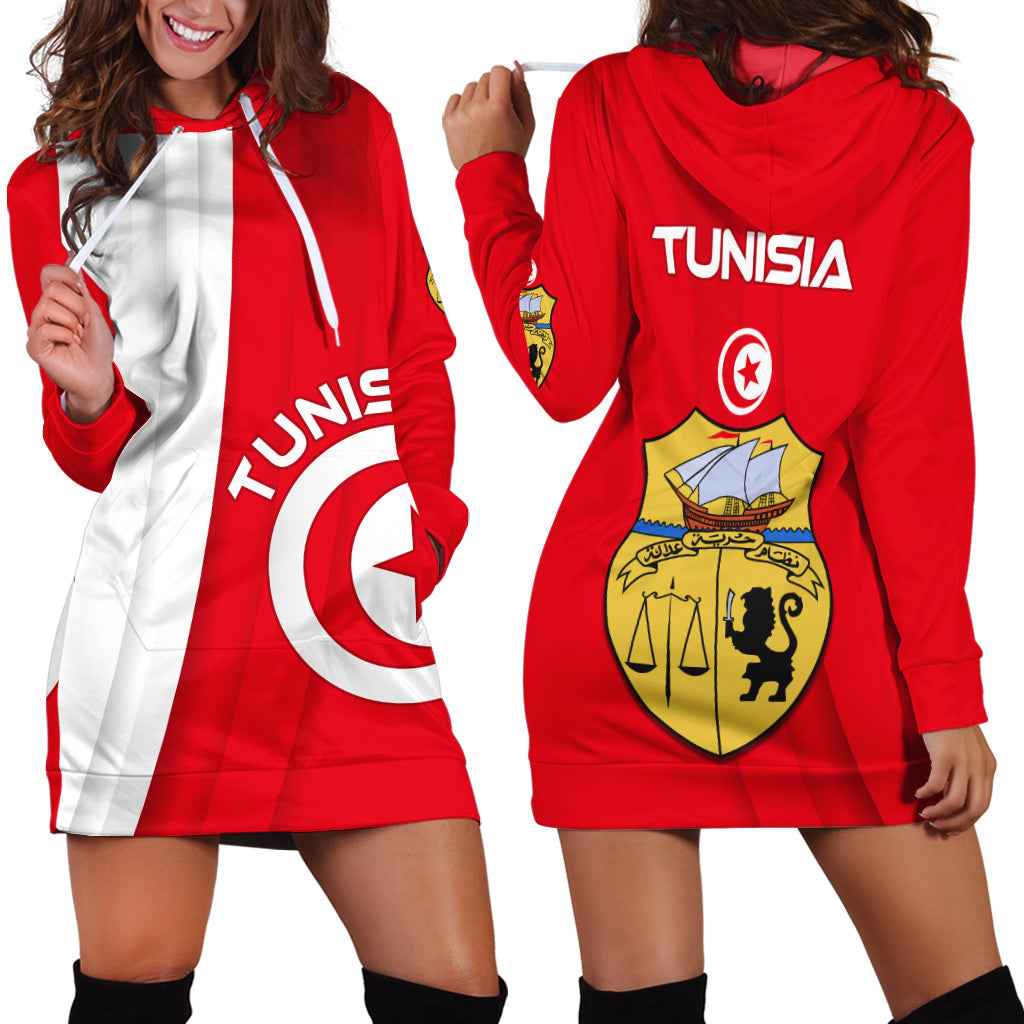 Red hoodie dress with Tunisia print, front shield emblem, hood drawstrings