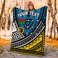 Blue tribal blanket standing outdoors, 'YOUR TEXT' center graphic with stars and flag colors