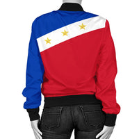 Bomber jacket back view in red, blue, and white with gold stars; black ribbed hem