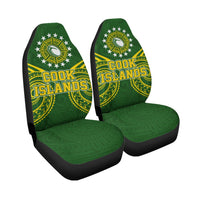 Set of green front seat covers with tribal pattern and “Cook Islands” text.