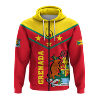 Red pullover hoodie with yellow hood, vertical graphic panel, and front kangaroo pocket.