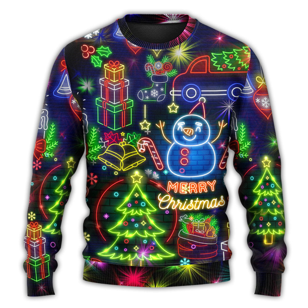 Neon Christmas sweater, all-over glowing snowman and trees with 'Merry Christmas' print