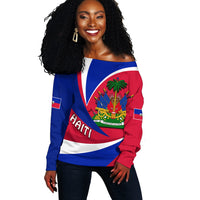 Women off-shoulder sweater with Haiti flag print, red blue white, long sleeves