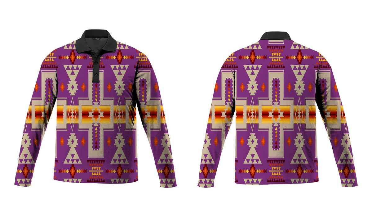 Dark purple unisex long-sleeve polo with native geometric tribe pattern and button placket
