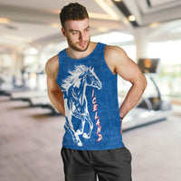 Blue men’s tank top with white horse graphic and red vertical lettering, sleeveless