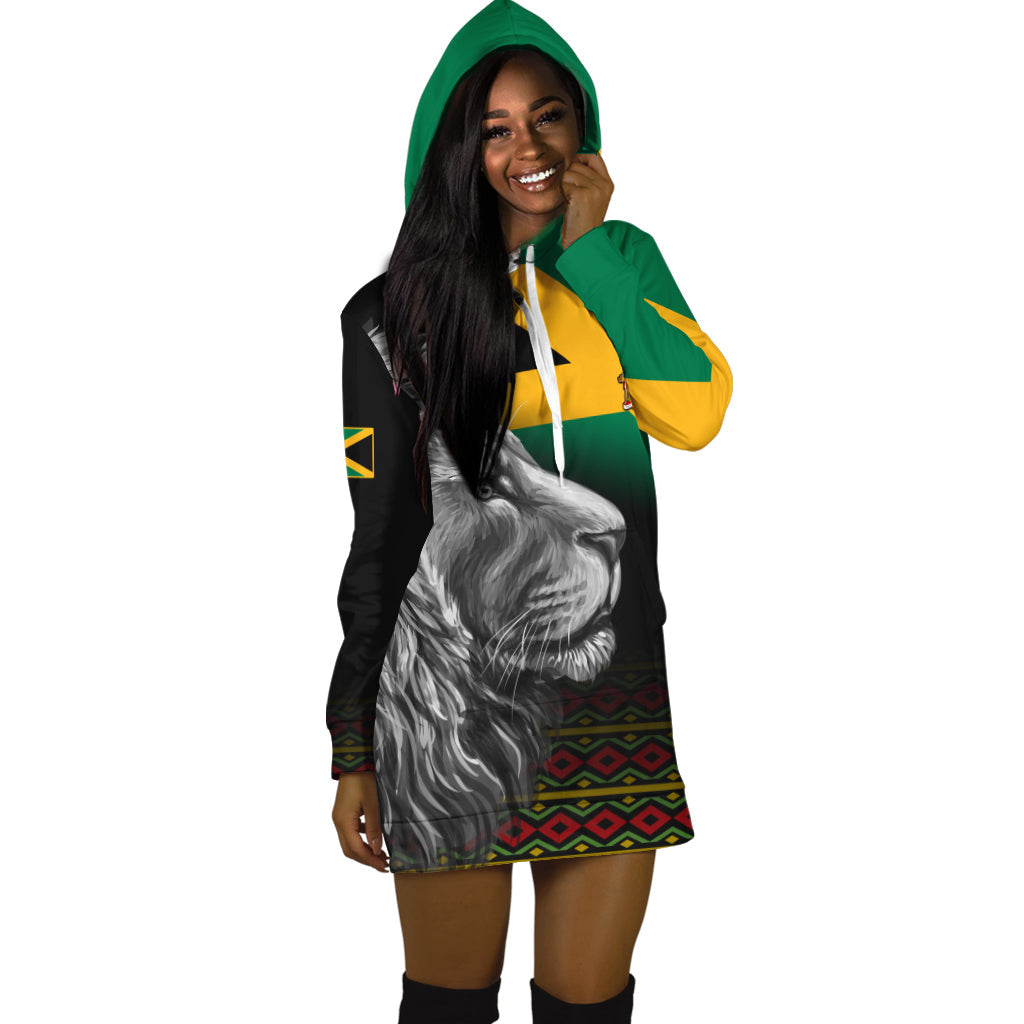 Black hooded hoodie dress with front pocket, lion graphic in green and gold