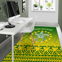 Green turtle area rug with star circle and tribal wave pattern