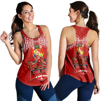 Red womens tank top with crest and players, white geometric pattern