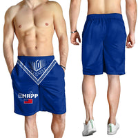 Blue men’s swim shorts with Samoan tribal V-style graphic and HRPP emblem