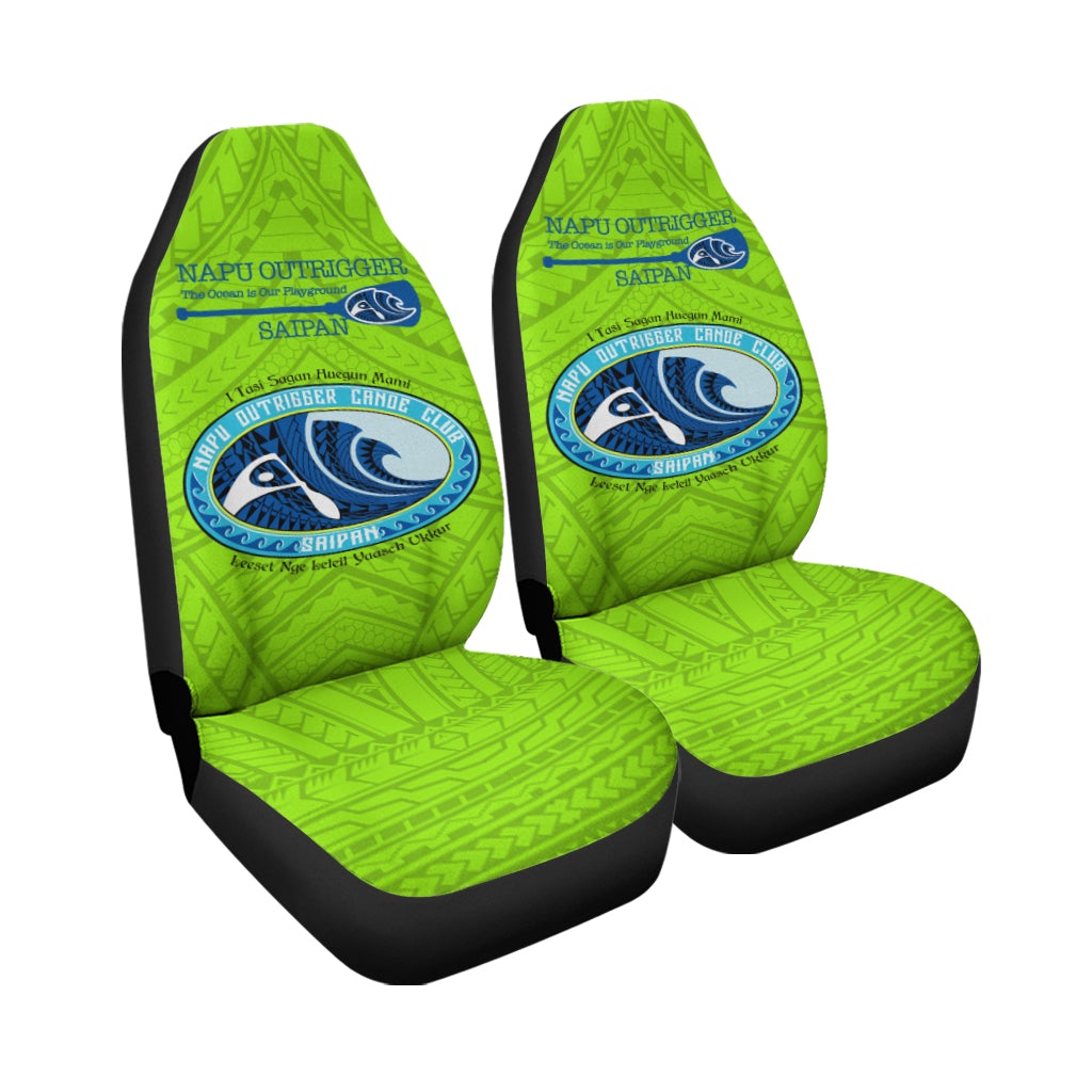 Green NAPU Outrigger seat covers, pair with logo on seatbacks and lower cushions