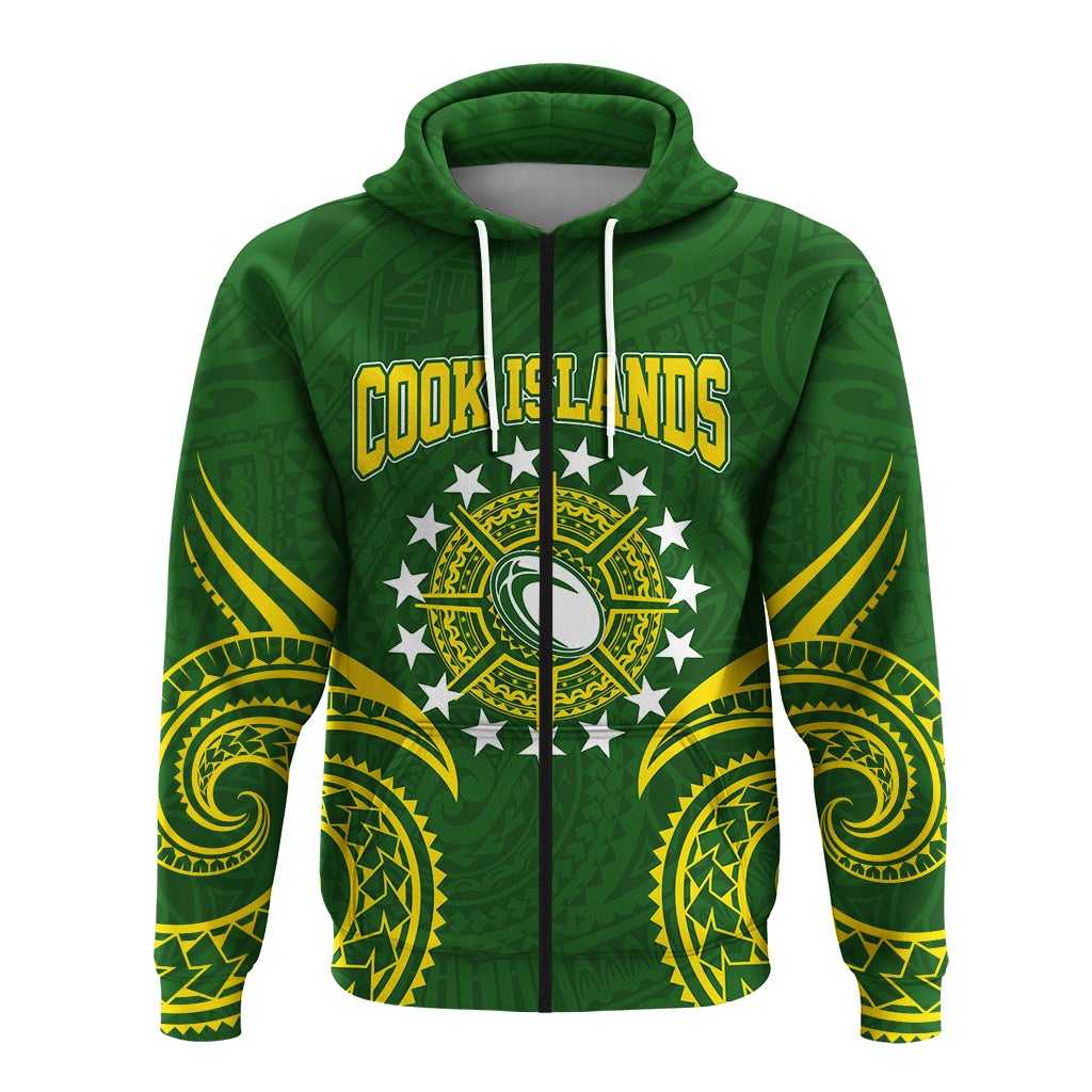 Green zip hoodie front view with “COOK ISLANDS” text, central emblem and drawstrings