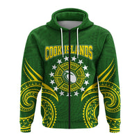 Green zip hoodie front view with “COOK ISLANDS” text, central emblem and drawstrings