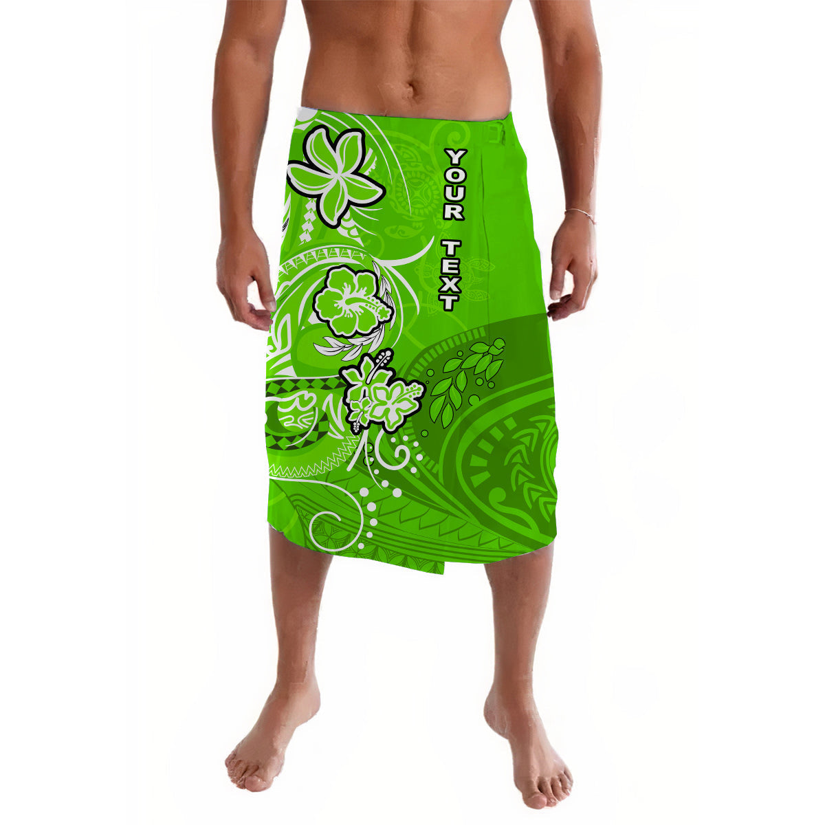 Green Polynesian lavalava skirt with floral leaf print and YOUR TEXT lettering