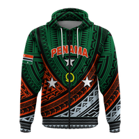 Green pullover hoodie, centered front design with tribal pattern and kangaroo pocket