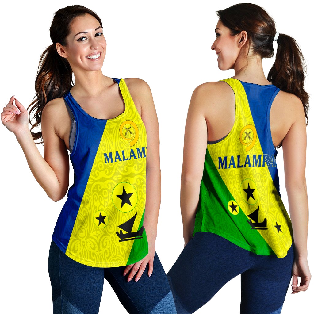 Women’s Malampa flag tank top with blue sides and green-yellow front print