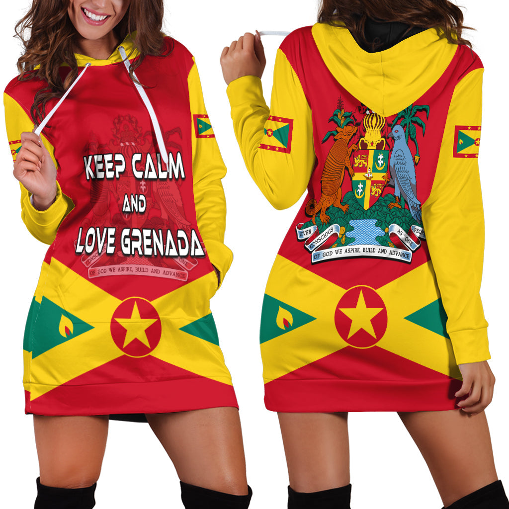 Red/yellow Grenada hoodie dress with 'KEEP CALM AND LOVE GRENADA' front print