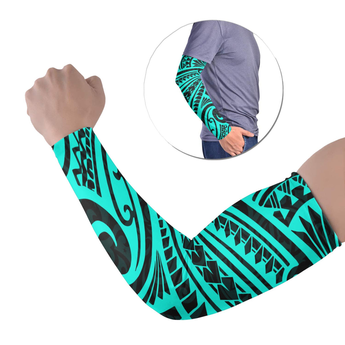 Polynesian tribal arm sleeve set of 2, teal and black tattoo-style design