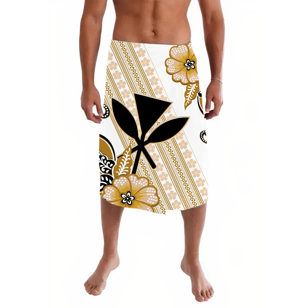 Gold batik floral lavalava wrap skirt with black cross and tiki motifs, off-white base