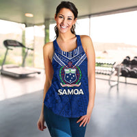 Blue women’s tank top with Samoa crest emblem and “SAMOA” lettering, sleeveless