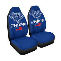 Two-piece blue car seat covers with HRPP logo and geometric tribal design